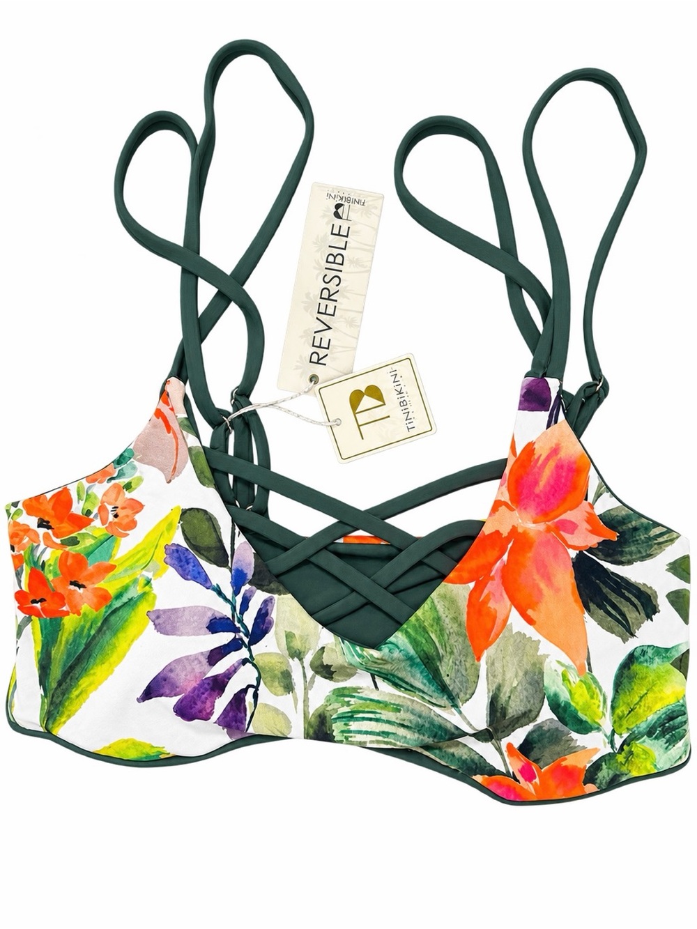 TiNiBiKiNi Reversible Floral Strappy Bikini Top Size L NWT